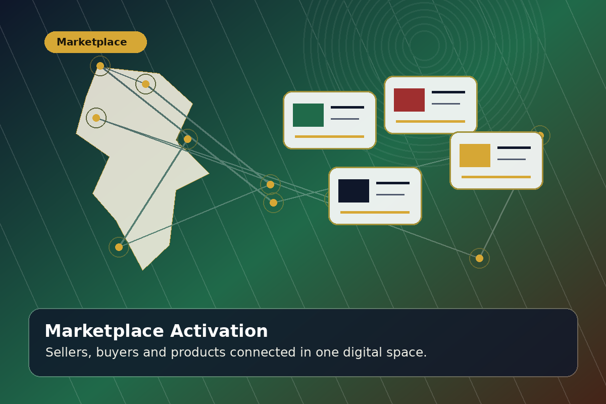 African marketplace activation with business display cards and buyers connecting